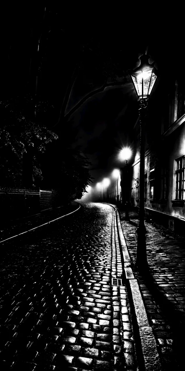 רחוב מרוצף באבנים מואר על ידי מנורת גז ויקטוריאנית בלילה חשוך 2K טפט