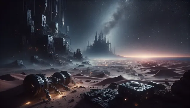 Una colònia en un planeta llunyà amb grans estructures metàl·liques 2K fons de pantalla
