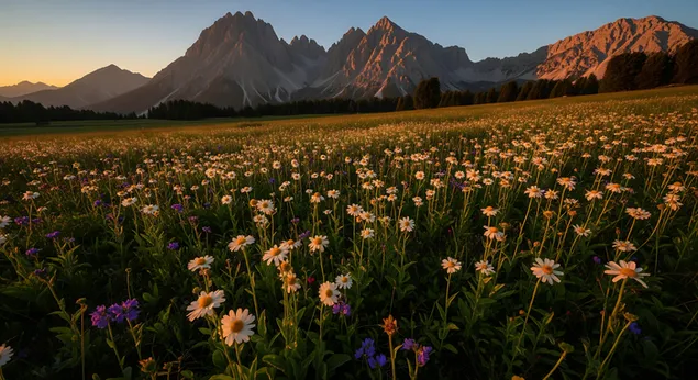 sareno polje divljeg cvijeca docekuje zlatni izlazak sunca ispod velicanstvenih planina, stvarajuci zivahan i miran prirodni krajolik preuzmi