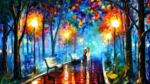 Una pareja bajo un paraguas en el parque de otoño. descargar