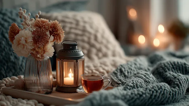 um quarto aconchegante com um cobertor quente e macio, uma lanterna acesa e uma xícara de chá reconfortante 2K papel de parede