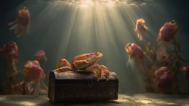 Tapeta Krab hrdě trůní na truhle s pokladem, zalitý mystickým podvodním světlem 2K