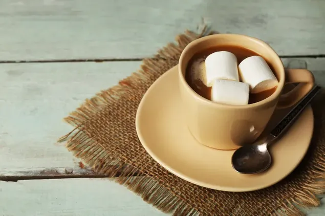 Secangkir kopi krim dengan marshmallow di atasnya