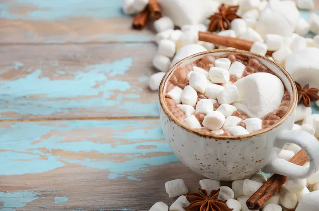 Secangkir cokelat panas penuh marshmallow putih dengan kayu manis dan polong adas bintang di dekorasi samping