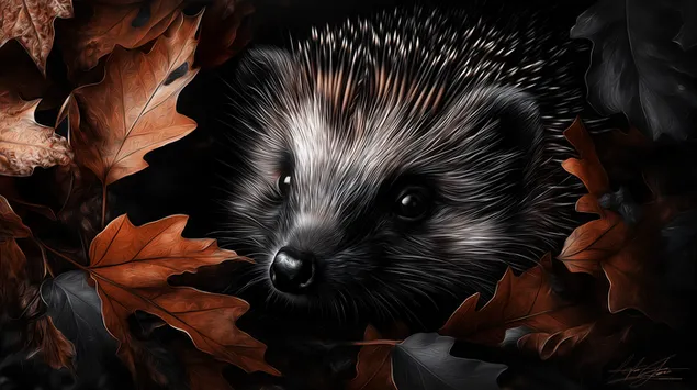 En nyfiken igelkott tittar ut från höstlöven på marken 2K bakgrund