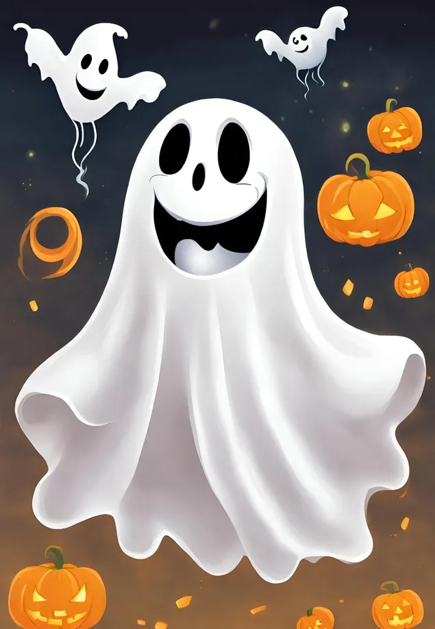 숲 한가운데서 오렌지 호박으로 둘러싸인 친구와 함께 떠다니는 귀여운 하얀 유령 2K 배경화면