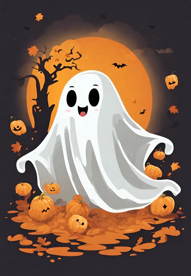 Ein süßer weißer Geist, umgeben von orangefarbenen Kürbissen mitten im Wald 2K Hintergrundbild