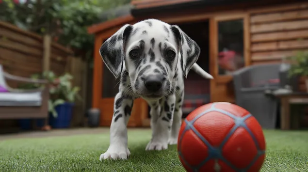 Tapeta Dalmatinské štěně připravené hrát si s fotbalovým míčem 2K