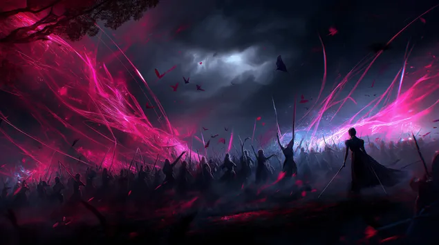 Ταπετσαρία Μια σκοτεινή και δραματική σκηνή μάχης φωτισμένη από ζωντανές ροζ και μπλε μαγικές ενεργειακές ραβδώσεις, με σκιώδεις φιγούρες. 2K