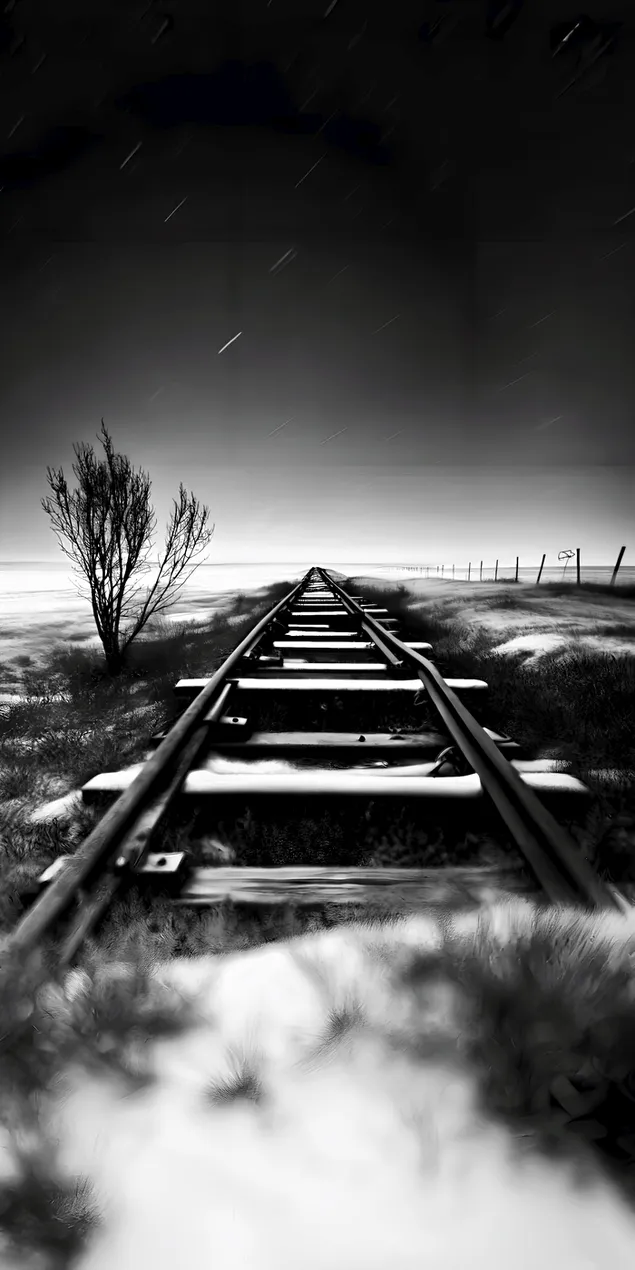 Yıldızlı Bir Gökyüzünün Altında Görünmeyen Bir Ufka Giden Issız Bir Demiryolu Yolu 2K duvar kağıdı