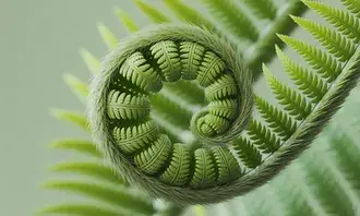 a detailed close-up of a green fern spiral showcasing natural symmetry, texture, and vibrant foliage in fresh green tones, perfect for nature lovers
