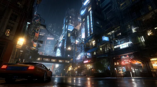 Cyfrowy pejzaż miejski z neonowym blaskiem i deszczowymi ulicami 2K tapeta