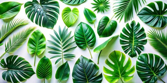 Tapeta Rôznorodá zbierka tropických zelených listov na čistom bielom pozadí pre botanickú inšpiráciu 4K