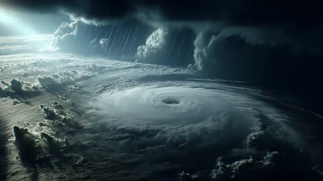 Eng dramatesch Loftopnam vun engem staarken Hurrikan iwwer dem Ozean 2K Tapeten