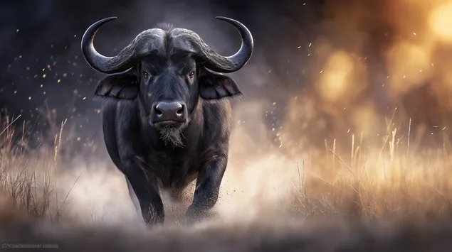 uma cena dinamica de um bufalo-do-cabo atacando na savana download