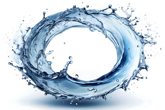 Ein dynamischer Wasserspritzer, der eine kreisförmige Welle mit kristallklarer Transparenz und glitzernden Reflexionen auf Weiß bildet 4K Hintergrundbild