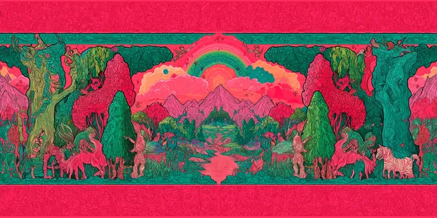 una ilustracion de un paisaje fantastico con criaturas miticas. descargar