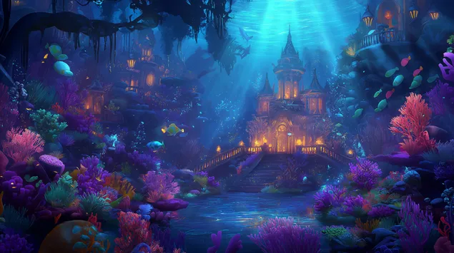 빛나는 등불이 있는 환상적인 수중 거주지 2K 배경화면