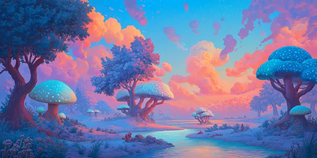 منظر طبيعي خيالي مع فطر مضيء حيوياً عند غروب الشمس 2K خلفية