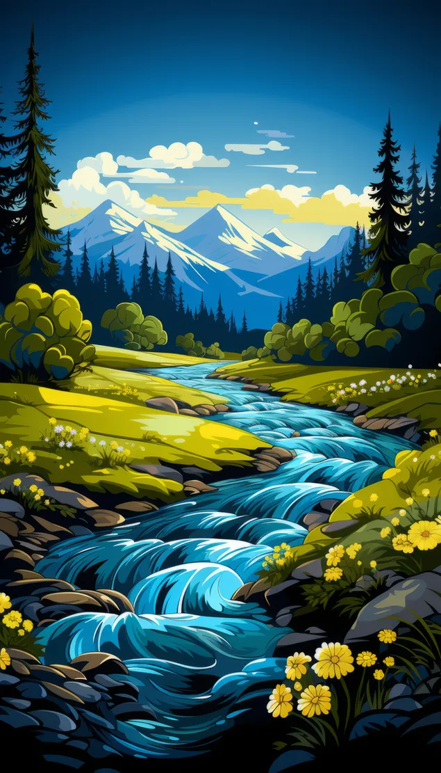 Tapeta Rýchlo tečúca rieka medzi lesmi a za ňou nádherné polozasnežené hory 4K