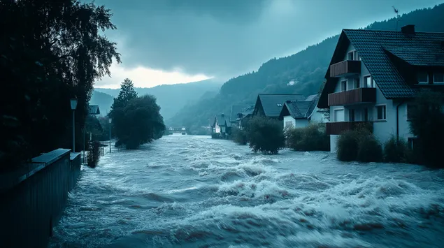 rychle tekouci reka protekajici horskym mestem stahnout