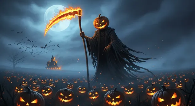 en eldig pumpa-skordare mitt i ett glodande pumpalyktafalt under fullmane. ladda ner