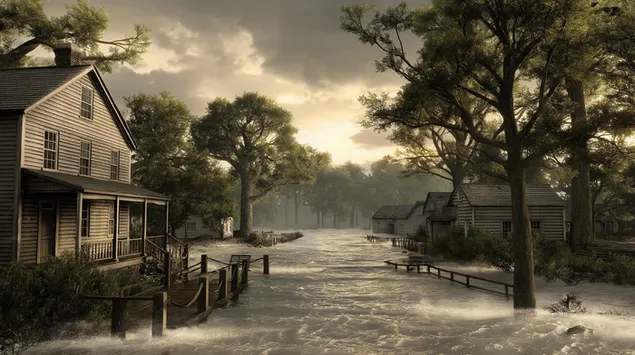 zatopene mesto s domy obklopenymi proudici vodou stahnout