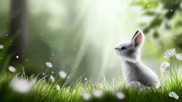 nadychany zajacik v poli sedmokrasok v rozmarnom prostredi stiahnut