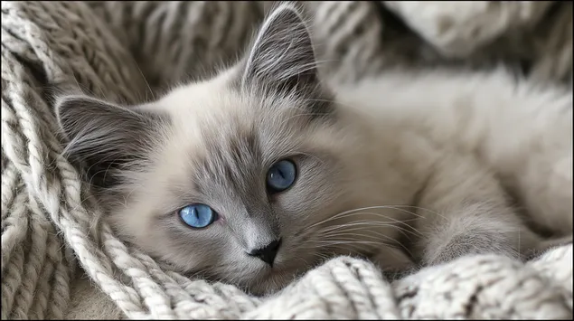 一隻毛茸茸的貓咪從柔軟的針織毯子裡探出頭來 2K 壁紙