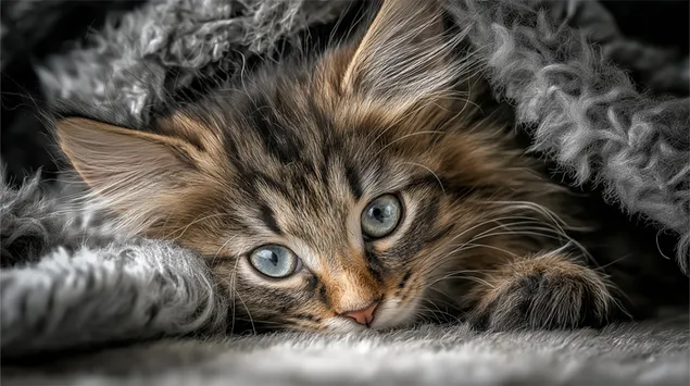 חתול רך נח מתחת לכיסוי סרוג רך 2K טפט