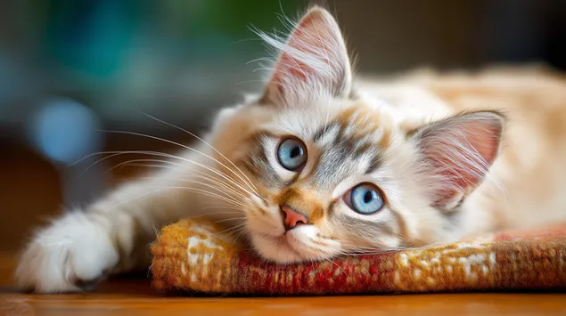 부드럽고 사려 깊은 시선으로 쉬고 있는 털복숭이 고양이 2K 배경화면