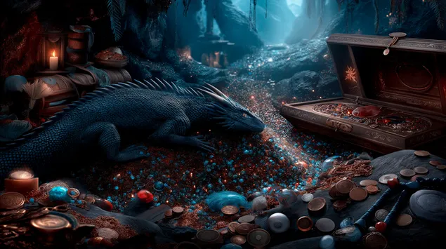 ’n Gedugte draak bewaak sy skatkis in ’n dofverligte grot 2K muurpapier