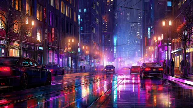 Tapeta Futuristická městská krajina v noci, osvětlená zářivou neonovou září nápisů a odrazů 2K