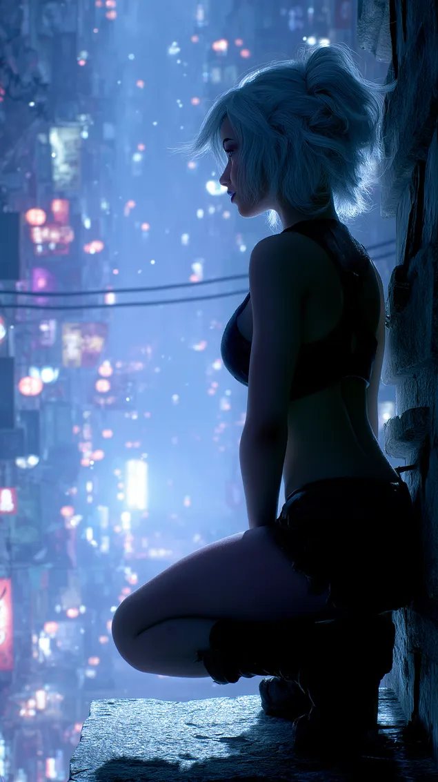 דמות נשית עתידנית נחה על גג המשקיף על נוף עירוני תוסס HD טפט