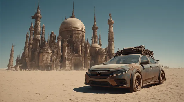 futuristicke vozidlo na pustnej krajine so starobylym mestom stiahnut