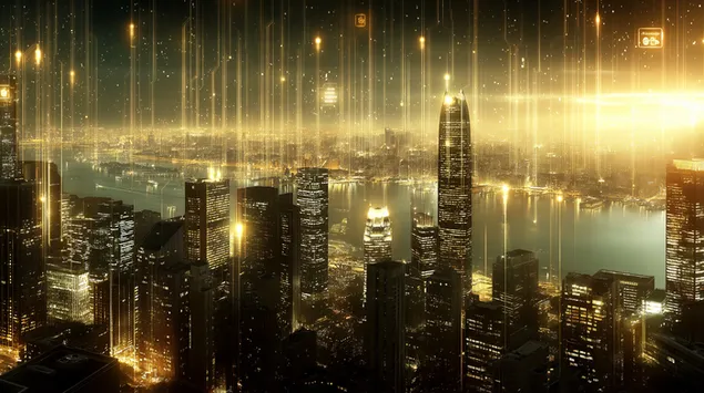 eng futuristesch skyline vun der wall street glanzt mat gellene, schaltkreesahnleche linnen an digitalen datenvisualiseierungen. eroflueden