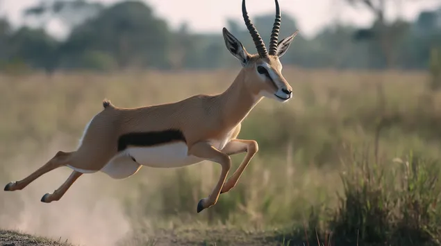 Uma gazela em um gracioso salto no ar em um cenário de savana 2K papel de parede