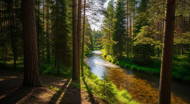 一条潺潺的河流蜿蜒穿过郁郁葱葱、阳光斑驳的森林，茂盛的植被和高耸的松树营造出一幅宁静祥和的自然景象。 8K 壁纸