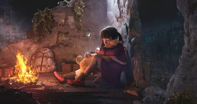 'n meisie huil saam met haar hond by 'n vuur in 'n verwoeste huis aflaai