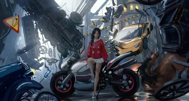 Una niña está sentada en una bicicleta y hay vehículos a su alrededor. 2K fondo de pantalla