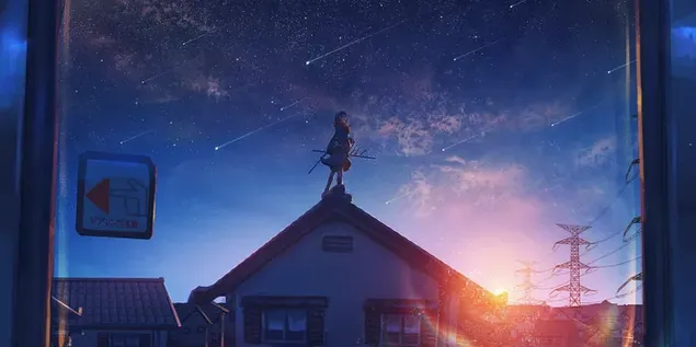 A girl looking at the shooting star from house roof download