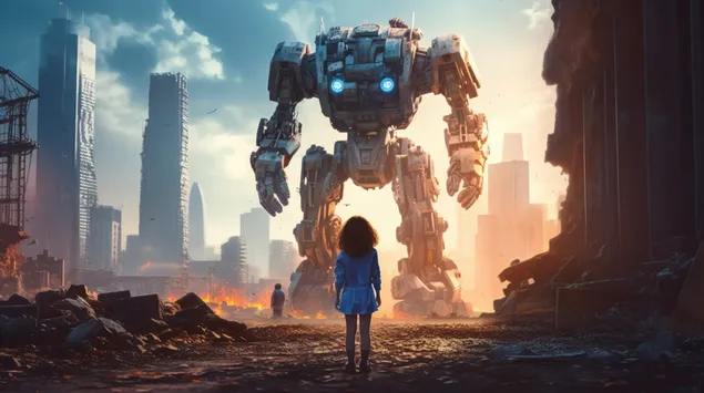 divchina stoyit' pered gigants'kim robotom zavantazhiti