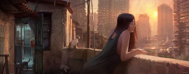 Tapeta Dievča sleduje západ slnka z balkóna 4K