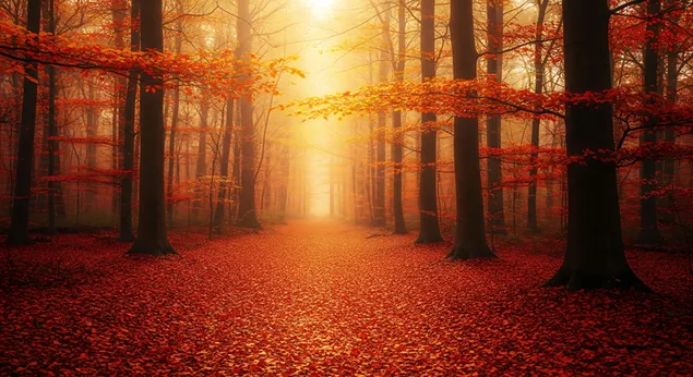 'n gloeiende bospad bedek met helder gevalle blare, omring deur hoe bome en warm oranje herfslig aflaai