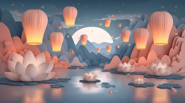 E stralende Mound, Lotusbléien déi um Waasser schwiewen 2K Tapeten