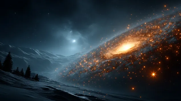 Žareča spiralna galaksija nad zasneženo pokrajino tujega planeta 2K ozadje