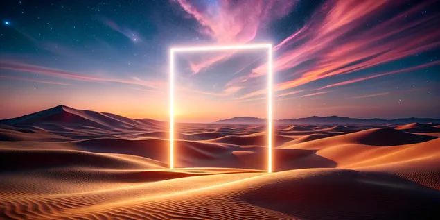 'n Gloeiende wit vierkantige portaal wat teen skemer in 'n woestynlandskap dryf 4K muurpapier