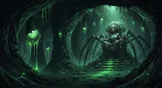 一隻怪誕的蜘蛛女王主宰著一個生物發光的綠色洞穴，洞穴裡滴著黏液，覆蓋著怪異的網，周圍環繞著發光的蜘蛛。 2K 壁紙