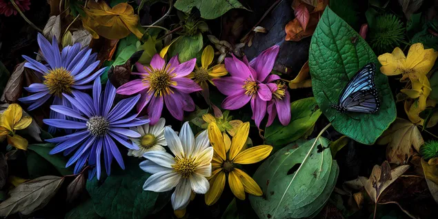 קבוצת פרחים ועלים בדוגמה מופשטת 2K טפט