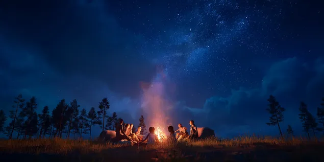 Een groep vrienden zit dicht bij elkaar rond een knisperend kampvuur 2K achtergrond